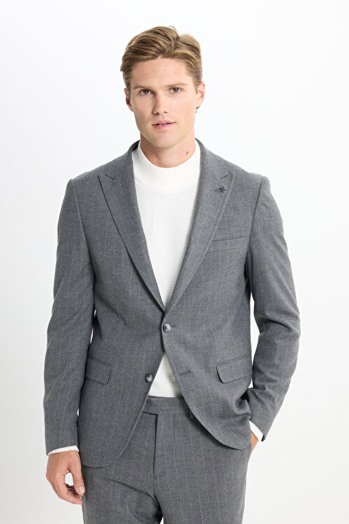 Slim Fit Dar Kesim Kırlangıç Yaka Çizgili Kapak Cepli Esnek Koyu Gri Takım ElbiseACE302510114KGR