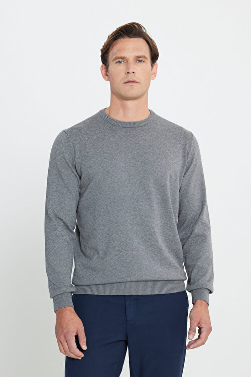 Pamuklu Standart Fit Normal Kesim Bisiklet Yaka Triko Gri Melanj KazakACE492510013GMJ