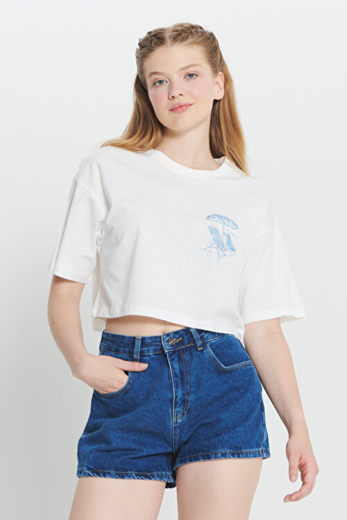 Oversize Fit Bol Kesim %100 Pamuk Baskılı Crop Ekru TişörtCCK482420041EKR