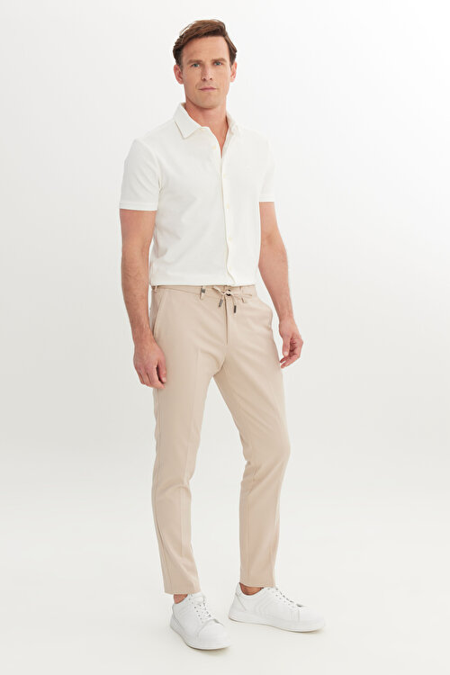 Slim Fit Dar Kesim Beli Bağlamalı Yan Cepli Casual Bej PantolonCOE001252208BEJ