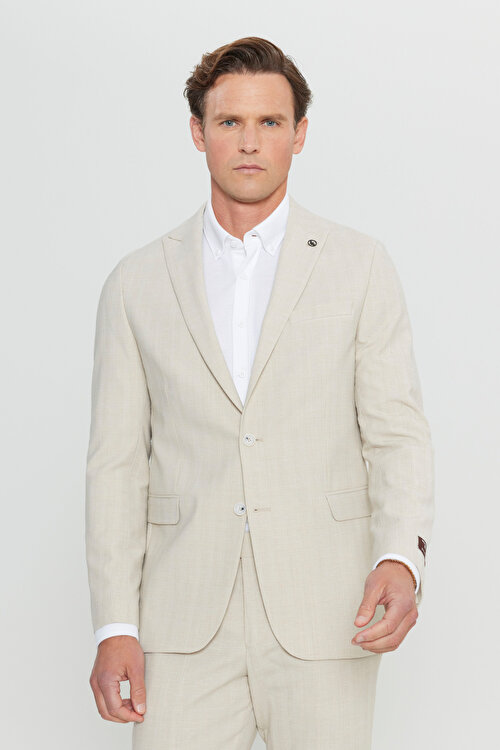 Yünlü Slim Fit Dar Kesim Kırlangıç Yaka Ekose Gofre Desenli Kapak Cepli Bej Takım ElbiseCOE030252146BEJ