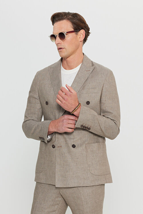 Yünlü Slim Fit Dar Kesim Kırlangıç Yaka Desenli Torba Cepli Kruvaze Vizon Takım ElbiseCOE030252255VIZ