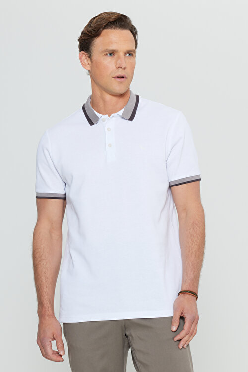 %100 Pamuk Slim Fit Dar Kesim Polo Yaka Beyaz TişörtCOE091252343BYZ