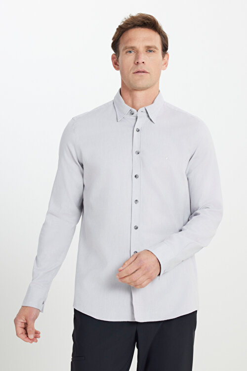 %100 Pamuk Flanel Slim Fit Dar Kesim Gizli Düğmeli Yaka Açık Gri GömlekCOE202510314AGR