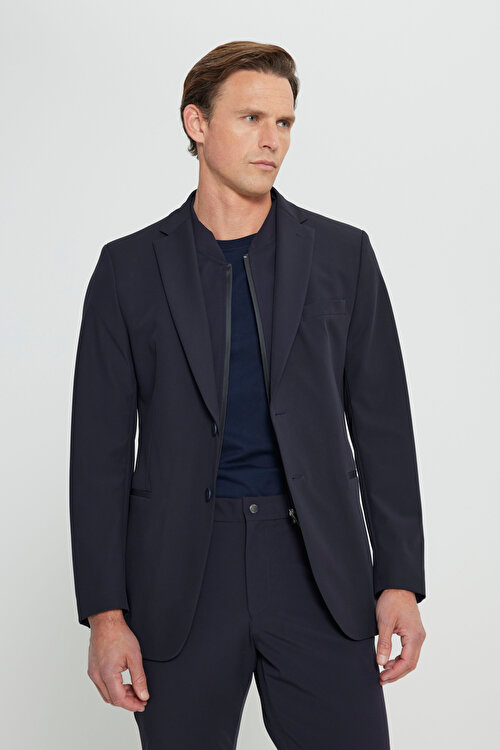 Slim Fit Dar Kesim Çıkma Mono Yaka Tek Fleto Cepli Esnek Lacivert Takım ElbiseCOE302510145LAC