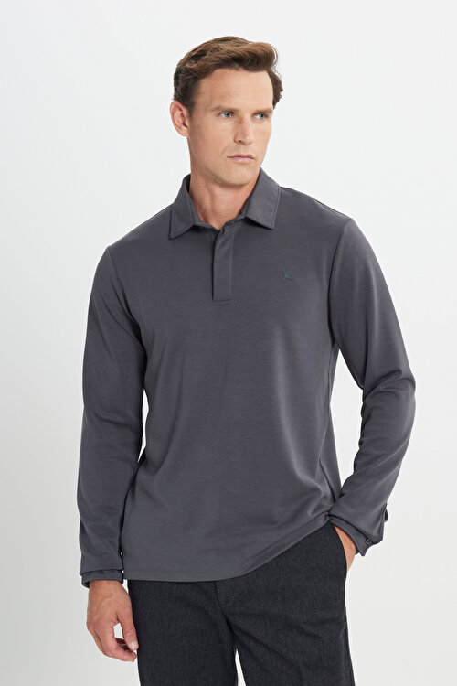 360 Her Yöne Esneyen Slim Fit Dar Kesim Polo Yaka Esnek Antrasit Uzun Kollu TişörtCOE482510045ATR
