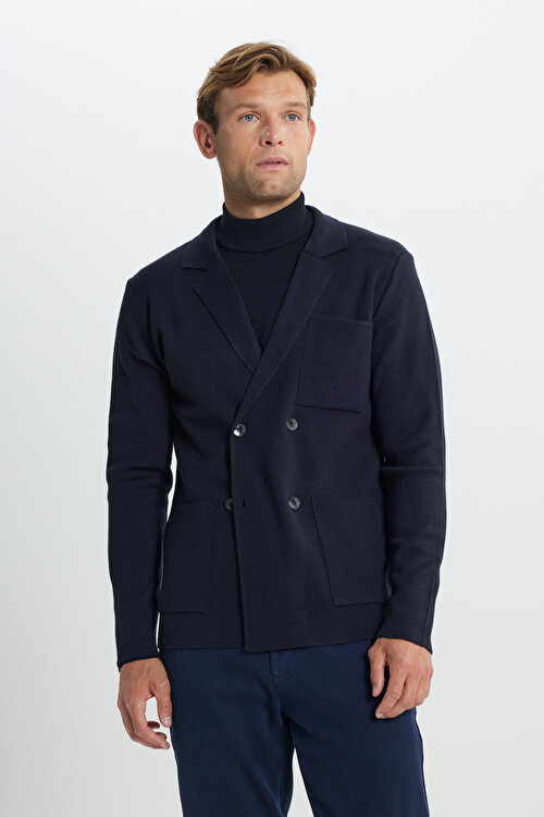 Sıcak Tutan Yünlü Standart Fit Normal Kesim Kruvaze Yaka Cepli