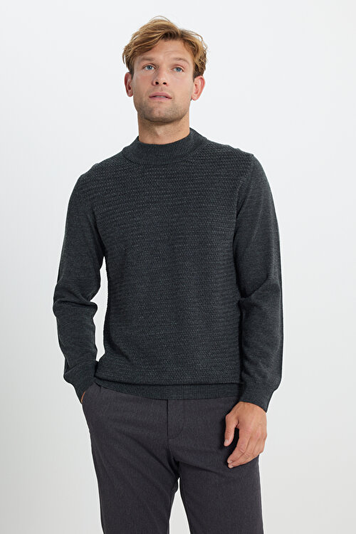 Yünlü Sıcak Tutan Standart Fit Normal Kesim Yarım Balıkçı Yaka Petek Dokulu Triko Antrasit-Melanj KazakCOE492510109ANM