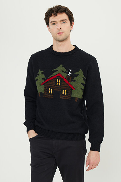 Yünlü Standart Fit Normal Kesim Bisiklet Yaka Jakarlı Triko Lacivert KazakCOE492510272LAC