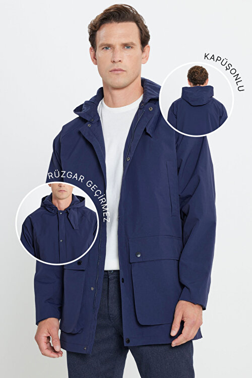 Kapüşonlu Dik Yaka Standart Fit Lacivert Kaban | Altınyıldız Classics