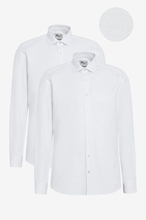 2'li Slim Fit Dar Kesim Pamuklu Klasik Yaka Armürlü Beyaz-Beyaz GömlekET20242P2060K86