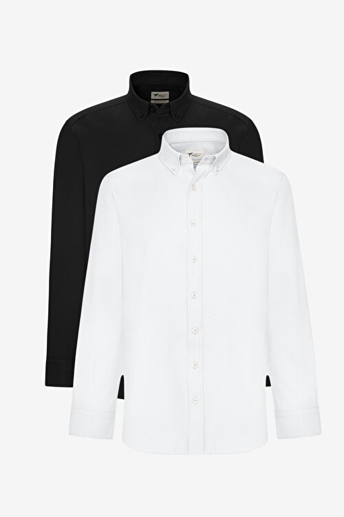 2'li Paket Pamuklu Kolay Ütülenebliir Slim Fit Dar Kesim Düğmeli Yaka Oxford Siyah-Beyaz GömlekET20251P2103K81