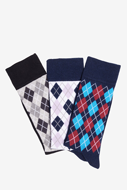 Pamuklu Desenli 3'lü Soket Lacivert-Gri ÇorapET2524103P09LAG