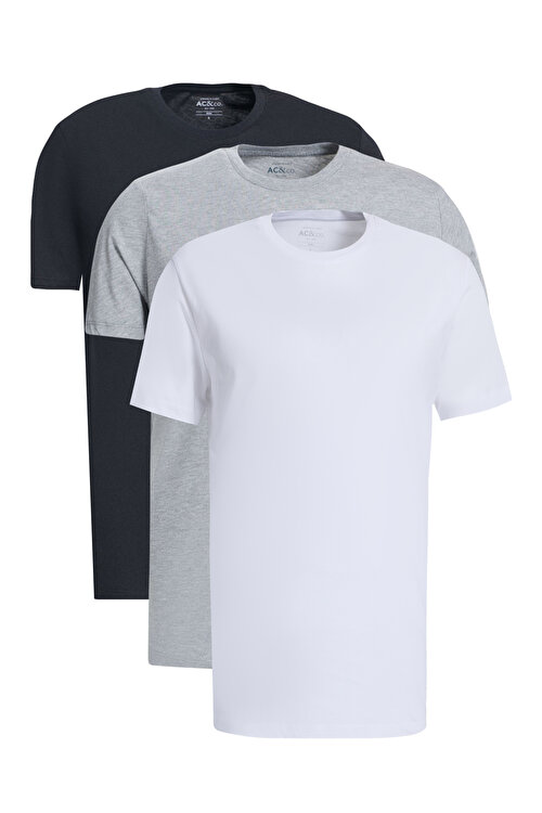 Slim Fit Dar Kesim %100 Pamuk 3'lü Koyu Gri-Siyah-Beyaz TişörtET4820200033K60