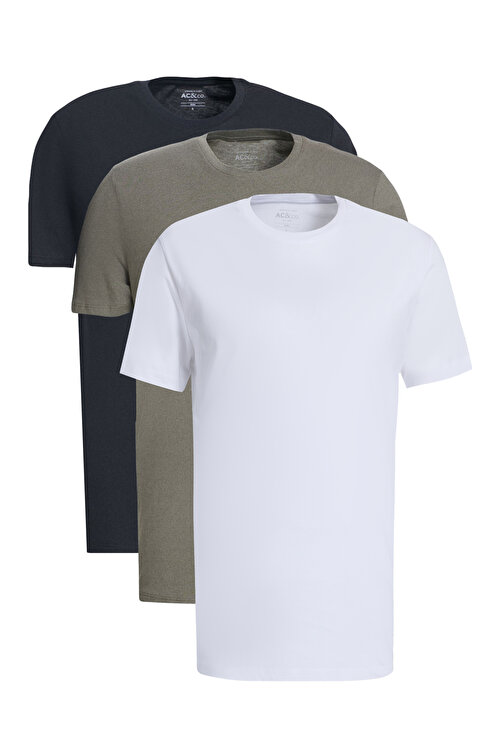 Slim Fit Dar Kesim %100 Pamuk 3'lü HAKI-SIYAH-BEYAZ TişörtET4820200033K69