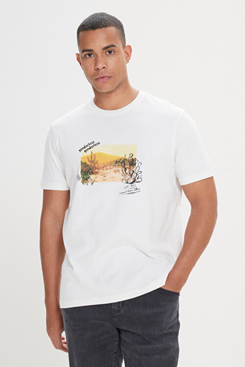 Comfort Fit Rahat Kesim %100 Pamuk Yumuşak Dokulu Flamlı Bisiklet Yaka Ekru TişörtET4824200012EKR