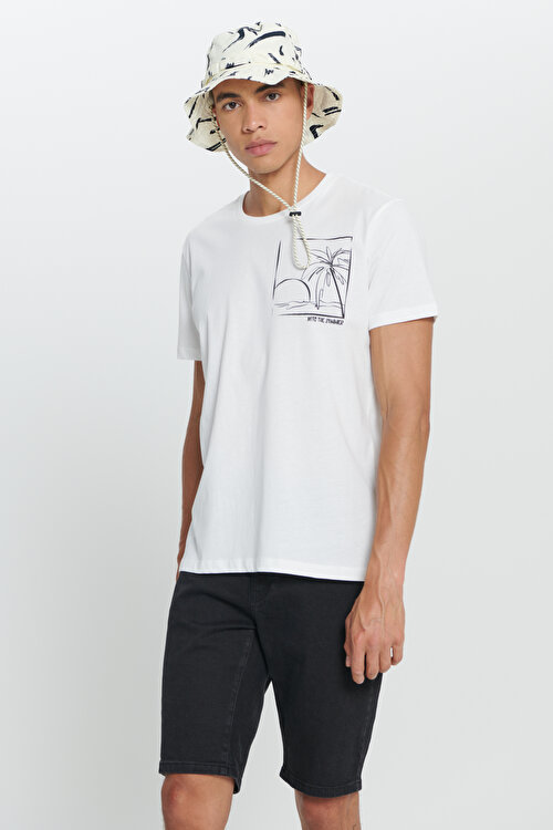 Standart Fit Normal Kesim %100 Pamuk Yumuşak Dokulu Baskılı Bisiklet Yaka Ekru TişörtET4824200037EKR