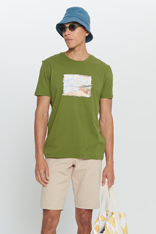 Standart Fit Normal Kesim %100 Pamuk Yumuşak Dokulu Baskılı Bisiklet Yaka Haki TişörtET4824200046HAK