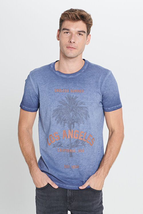 Standart Fit Normal Kesim %100 Pamuk Flamlı Bisiklet Yaka İndigo TişörtET4824200054IND