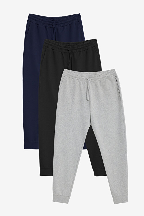 3'lü Paket 2 Iplik Pamuklu Jogger Cepli Rahat Standart Fit Normal Kesim Siyah-Lacivert-Gri EŞOFMAN ALTI PAKETLİET510000P301SLG