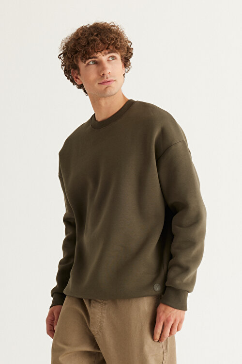 Oversize Bol Kesim İçi Polarlı 3 İplik Bisiklet Yaka Pamuklu Haki SweatshirtET5224100016HAK