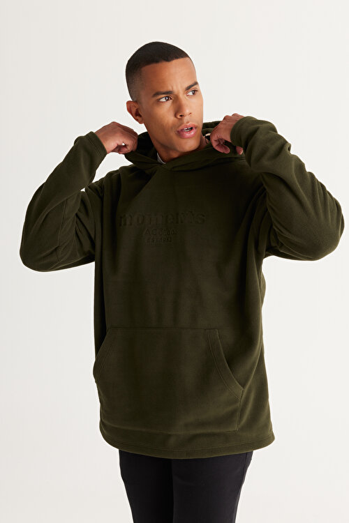 Oversize Bol Kesim Kapüşonlu Kanguru Cepli Sweatshirt Haki Polar