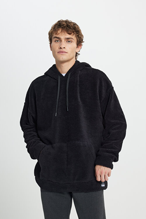 Oversize Bol Kesim Kapüşonlu Sherpa Sweatshirt Siyah PolarET5224100039SYH
