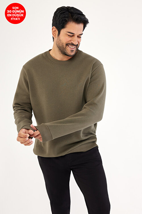 Standart Fit Normal Kesim İçi Polarlı 3 İplik Bisiklet Yaka Pamuklu Haki SweatshirtET5224100049HAK