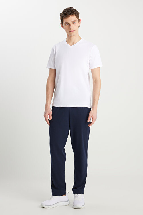 Pamuklu Rahat V Yaka Beli Lastikli Cepli Lacivert-Beyaz Pijama TakımıET9300000001LCB