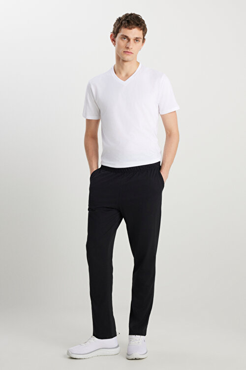 Pamuklu Rahat V Yaka Beli Lastikli Cepli Siyah-Beyaz Pijama TakımıET9300000001SBY