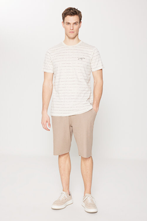 Standart Fit Normal Kesim Bisiklet Yaka Pamuklu Çizgili Bej-Kahve Pijama TakımıET9324200002BJK