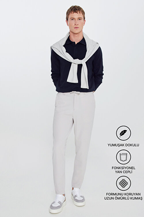 Slim Fit Dar Kesim Beli Bağlamalı Yan Cepli Casual Jogger Taş