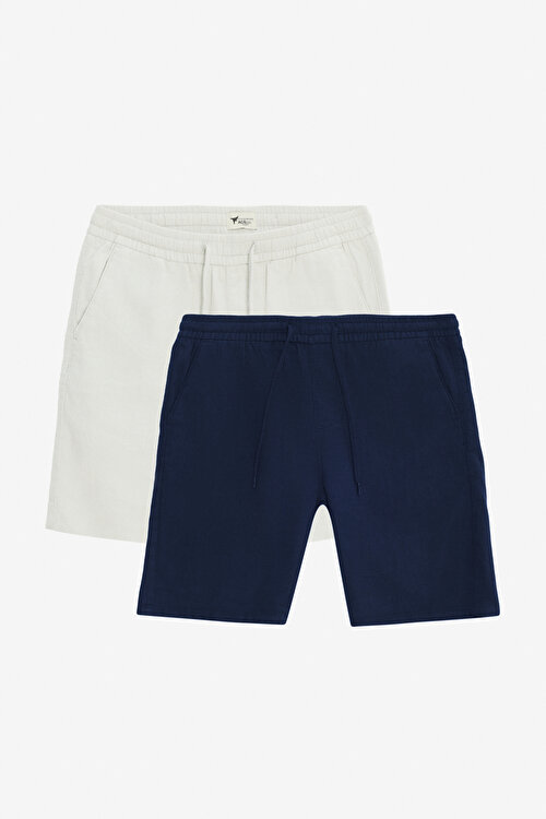 2'li Paket %100 Pamuk Comfort Fit Beli Bağlamalı Flamlı Yan Cepli Lacivert-Açık Gri ŞortETE002000002CAG