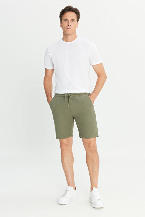 %100 Pamuk Comfort Fit Beli Bağlamalı Flamlı Yan Cep Haki ŞortETE002252056HAK