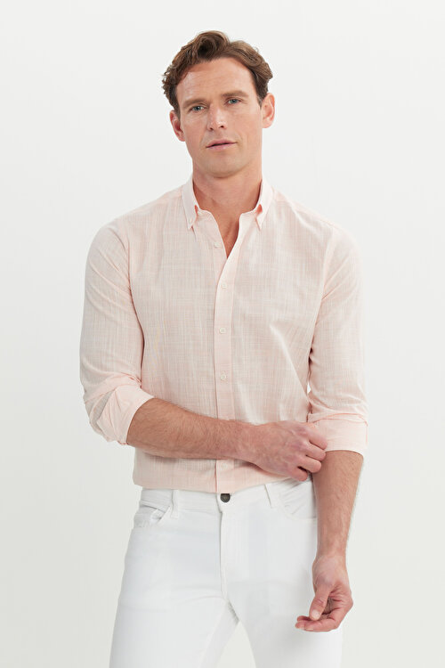 %100 Pamuk Slim Fit Dar Kesim Düğmeli Yaka Flamlı Yavruağzı GömlekETE020252562YVZ