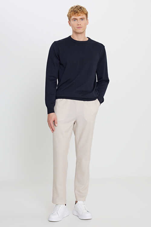 Pamuklu Standart Fit Normal Kesim Beli Bağlamalı Yan Cepli Jakarlı Bej Eşofman AltıETE051261003BEJ