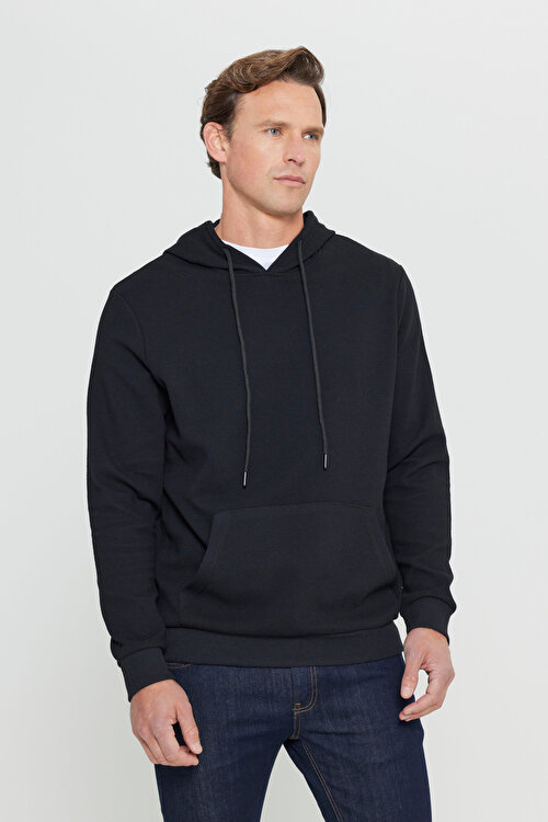 2 İplik Sıcak Tutan Standart Fit Normal Kesim Kapüşonlu Dokulu Cepli Siyah SweatshirtETE052251011SYH