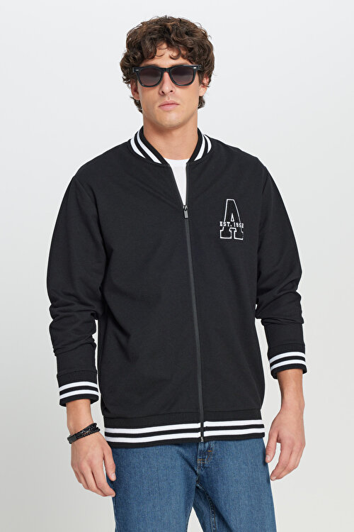 2 İplik Pamuklu Standart Fit Normal Kesim Fermuarlı Kolej Yaka Yan Cepli Siyah SweatshirtETE052261033SYH