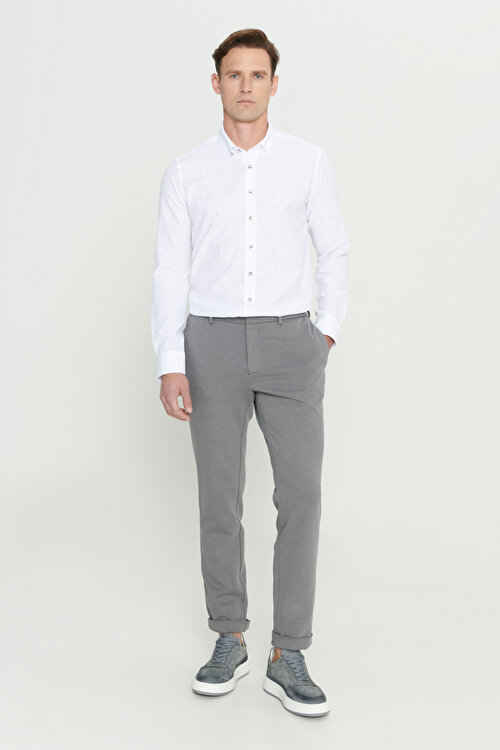 360 Derece Her Yöne Esneyen Slim Fit Dar Kesim Diagonal Desenli Beli Bağlamalı Örme Gri PantolonYDA012420028GRI