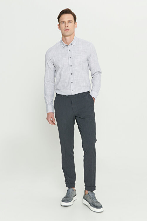 Slim Fit Dar Kesim Kırışmaz Kumaş Gofre Desenli Beli Lastikli Antrasit PantolonYDA012420033ATR