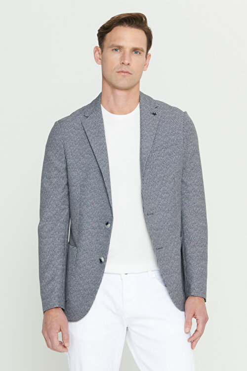 Slim Fit Dar Kesim Mono Yaka Desenli Siyah-Beyaz CeketYDA042420024SYB