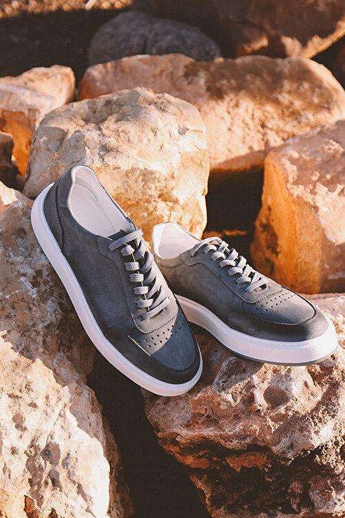 %100 Nubuk Esnek Rahat Taban Sneaker Gri AyakkabıYDA222420021GRI