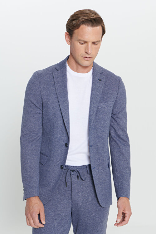 Slim Fit Dar Kesim Mono Yaka Desenli Beli Bağlamalı Lacivert-Beyaz Takım ElbiseYDA302420024LCB