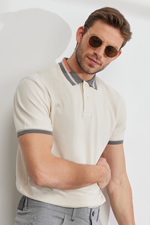 Slim Fit Dar Kesim Polo Yaka %100 Pamuk Bej TişörtYDA482320218BEJ