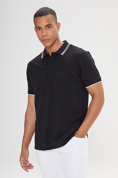 Slim Fit Dar Kesim %100 Pamuk Polo Yaka Siyah Tişört | Altınyıldız