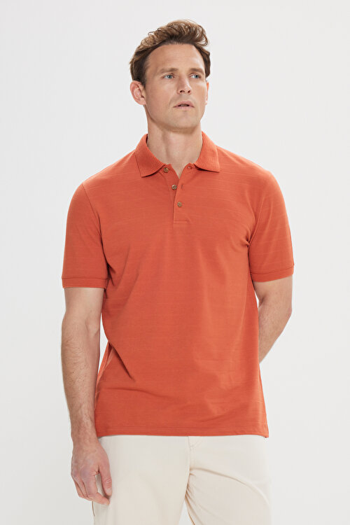 Slim Fit Dar Kesim %100 Pamuk Jakarlı Polo Yaka Kiremit TişörtYDA482420032KMT
