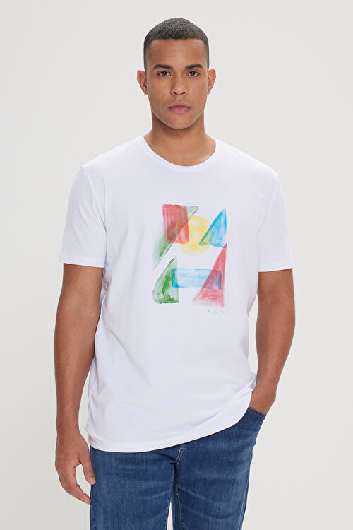 Slim Fit Dar Kesim Pamuklu Tasarım Baskılı Yumuşak Dokulu Bisiklet Yaka Beyaz TişörtYDA482420037BYZ