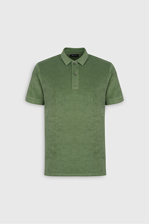 Slim Fit Dar Kesim Pamuklu Havlu Kumaş Polo Yaka Yeşil TişörtYDA482420066YSL
