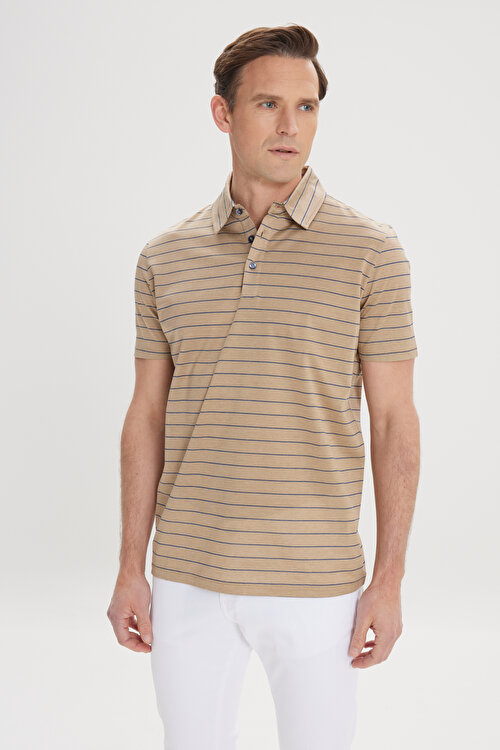 Regular Fit Rahat Kesim %100 Pamuk Çizgili Polo Yaka Vizon-Lacivert TişörtYDC482420040VZL