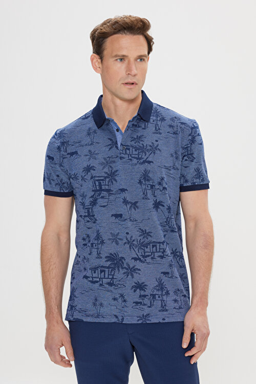 Slim Fit Dar Kesim %100 Pamuk Desenli Polo Yaka İndigo TişörtYDC482420041IND